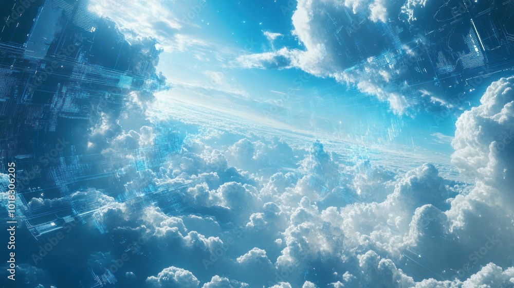 Poster futuristic digital landscape showing cloud technology structure and data flow, ai generated image