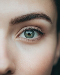 Obraz premium Close-up of a human eye with green iris and natural makeup.