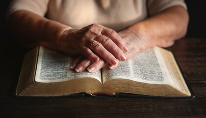 Naklejka premium An open Bible with the hand of an elderly person resting gently on the pages.