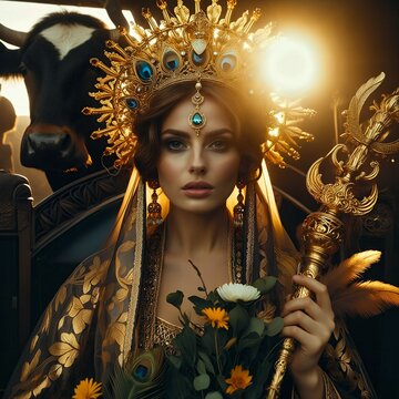Hera, the queen goddess of marriage, woman and childbirth in golden robes, holding a scepter. Ancient Greek Mythology. A peacock with colorful feathers. Flowers - nature's blessing. Cow. Generative AI