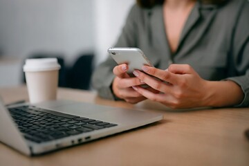 Fototapeta premium Person using smartphone beside laptop and coffee cup on desk.