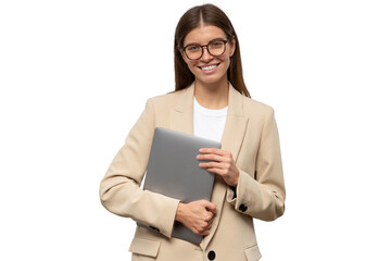 Studio portrait of woman teacher with laptop after classes