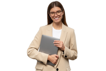 Studio portrait of woman teacher with laptop after classes