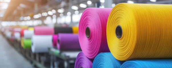 Colorful rolls of fabric stacked in a textile factory, showcasing vibrant colors and textures under natural light.