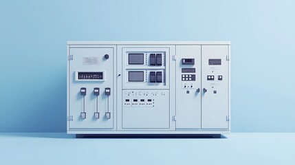Industrial electrical equipment depicted in an isometric view, featuring a large white metal cabinet with compartments and ventilation slots, set against a light blue background.