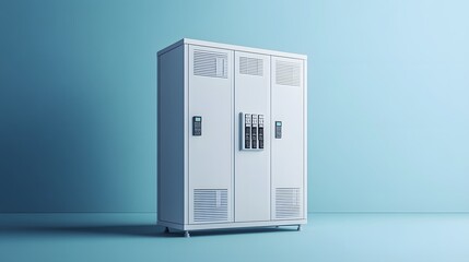 Industrial electrical equipment depicted in an isometric view, featuring a large white metal cabinet with compartments and ventilation slots, set against a light blue background.