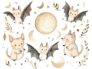 Watercolor Illustration of Cute Bats and Moons