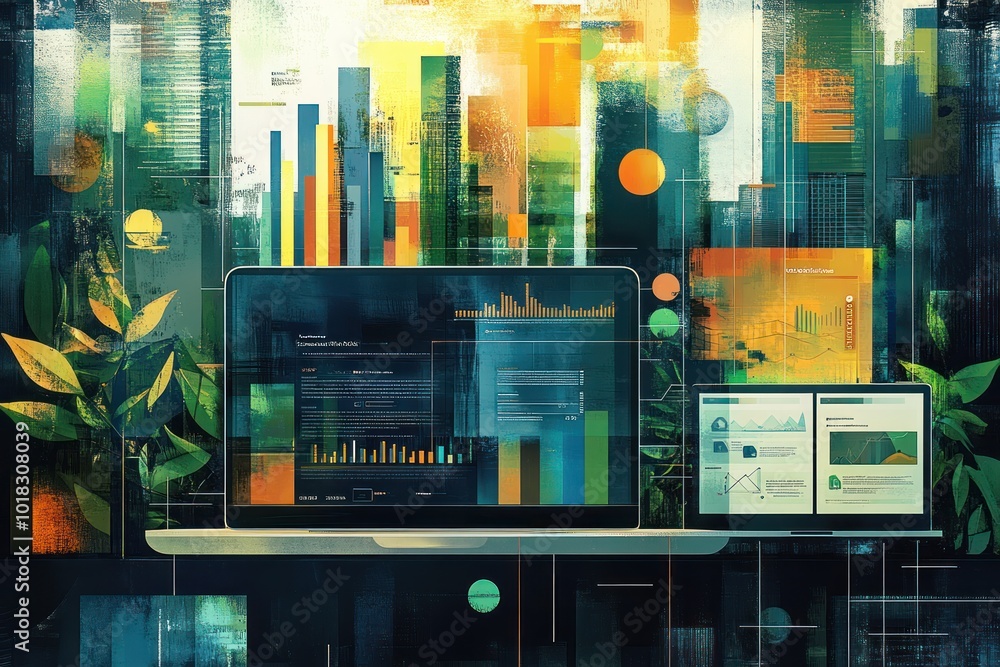 Poster a stylized illustration of a laptop and a tablet, with a cityscape background. the laptop is open, d