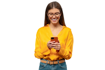 Portrait of woman chatting with her boyfriend in messenger using phone app