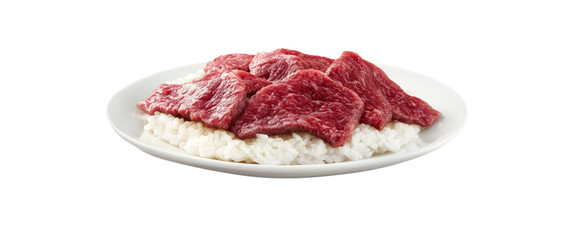 Obraz premium Beef and Rice Dish on a White Plate