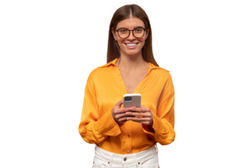 Woman blogger sharing fashion post on social media using phone app