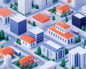 A colorful 3D illustration of a modern cityscape with vibrant buildings and streets, showcasing urban design.