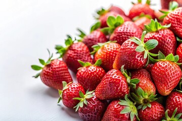 Fresh strawberries on white background with copy space extreme close-up