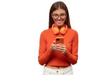 Woman in glasses wearing her headphones around neck using phone app to download music