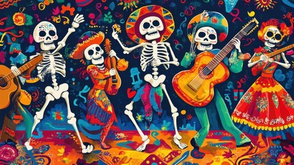 A vibrant Day of the Dead poster featuring skeletons dressed in colorful Mexican clothing, playing musical instruments and dancing