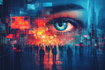 A blue eye gazes over a city skyline through a digital grid of data and information.