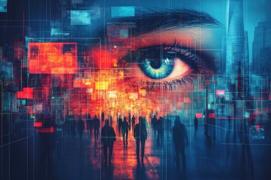 A blue eye gazes over a city skyline through a digital grid of data and information.