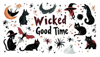 Halloween Illustration of Black Cats, Spiders, and Bats with "Wicked Good Time" Text