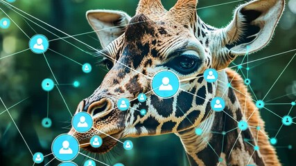 A close-up of a giraffe with a digital network overlay, blending nature and technology. - Powered by Adobe