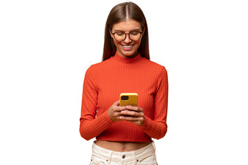 Portrait of happy woman with phone commenting post in social media app