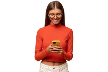 Portrait of happy woman with phone commenting post in social media app