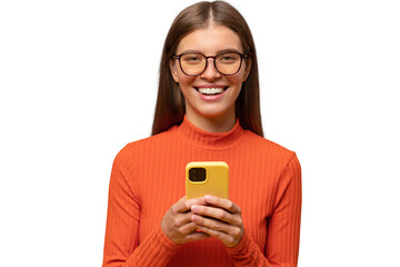 Woman in glasses posing, using phone laughing at memes in social media