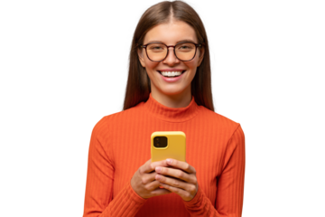 Woman in glasses posing, using phone laughing at memes in social media