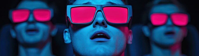 Three individuals wearing stylish sunglasses with pink lenses, illuminated by vibrant blue lights, conveying a sense of futuristic artistry and modern culture.