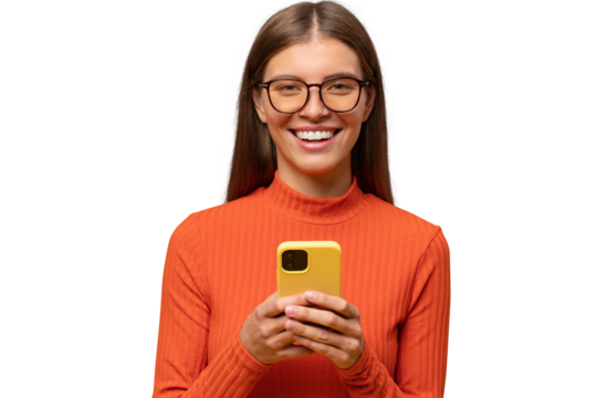 Woman in glasses posing, using phone laughing at memes in social media
