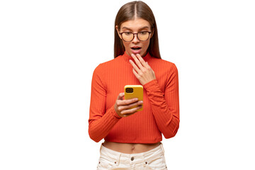 Girl learning shocking news from social media reading post on her phone