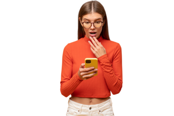 Girl learning shocking news from social media reading post on her phone