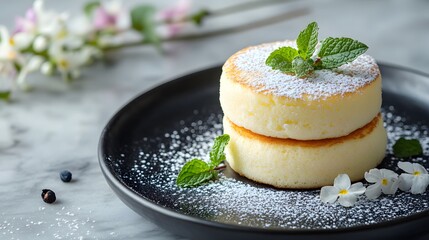 Fluffy Japanese souffle pancakes stacked with powdered sugar and mint garnish, presented on a dark ceramic plate against a white marble table, featuring soft natural lighting for a gourmet look.