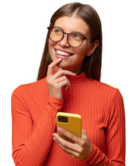 Portrait of thoughtful dreamy woman looking up, writing message to guy in dating app, holding phone