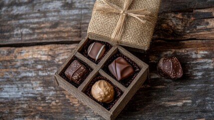 Fototapeta premium Wooden Box of Assorted Chocolates on Rustic Wood