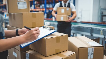 Warehouse workers managing packages with clipboard and boxes, focused on logistics and distribution tasks in a storage facility.