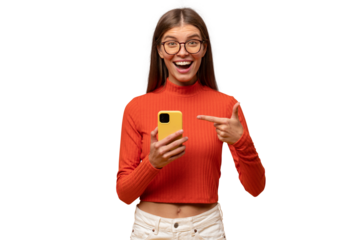 Woman pointing at her smartphone with surprised and excited face expression