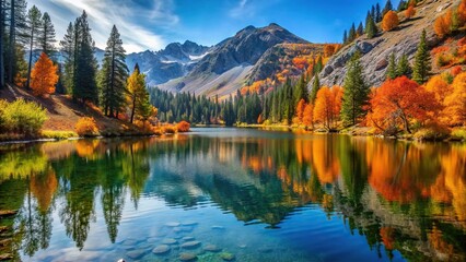 Obraz premium Mountain lake scenery in Northern California with autumn leaves