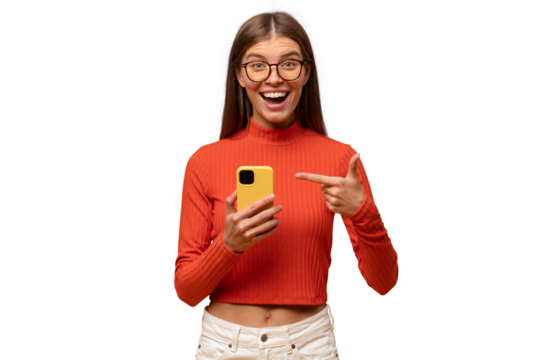Woman pointing at her smartphone with surprised and excited face expression