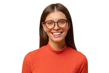 Headshot studio portrait of woman smiling at camera