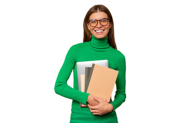 Portrait of woman student or teacher carrying textbooks and laptop