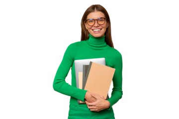 Portrait of woman student or teacher carrying textbooks and laptop