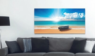 A panoramic view of a beach with a small boat on the shore, blue sky and sunshine.