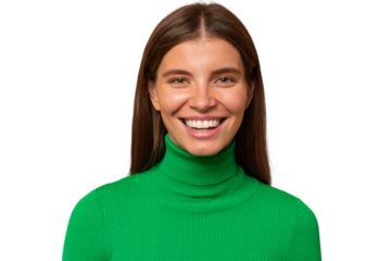 Studio portrait woman in green turtleneck smiling widely at camer