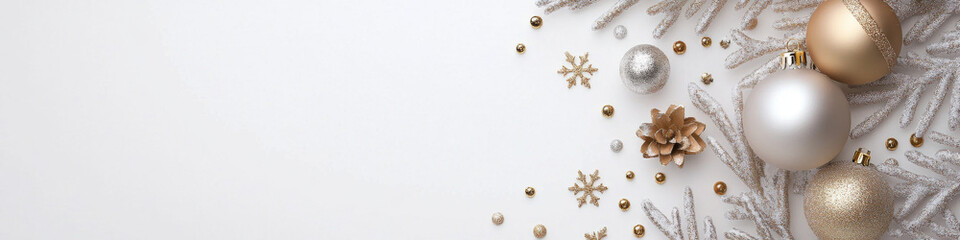 Elegant Christmas decorations featuring gold and silver ornaments, snowflakes, and festive accents...