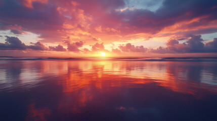Naklejka premium Dramatic Beach Sunset with Bold Clouds and Reflective Water Surface