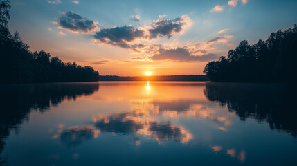 Obraz premium Beautiful Sunset Over Calm Lake with Dramatic Cloud Formation and Tree Silhouettes