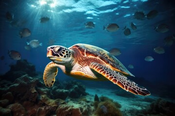 Graceful Sea Turtle Swimming in Crystal Clear Ocean