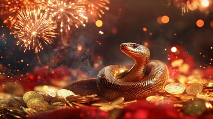 Fototapeta premium A Golden Snake Among Fireworks and Gold Coins