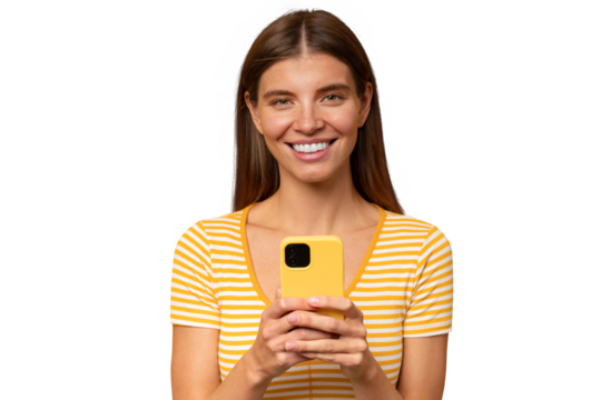 Portrait of woman using dating app to chat and find serious love relationships