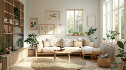 A bright and airy living room featuring cozy sofa adorned with cushions, surrounded by lush greenery and stylish decor. natural light enhances serene atmosphere, creating perfect space for relaxation